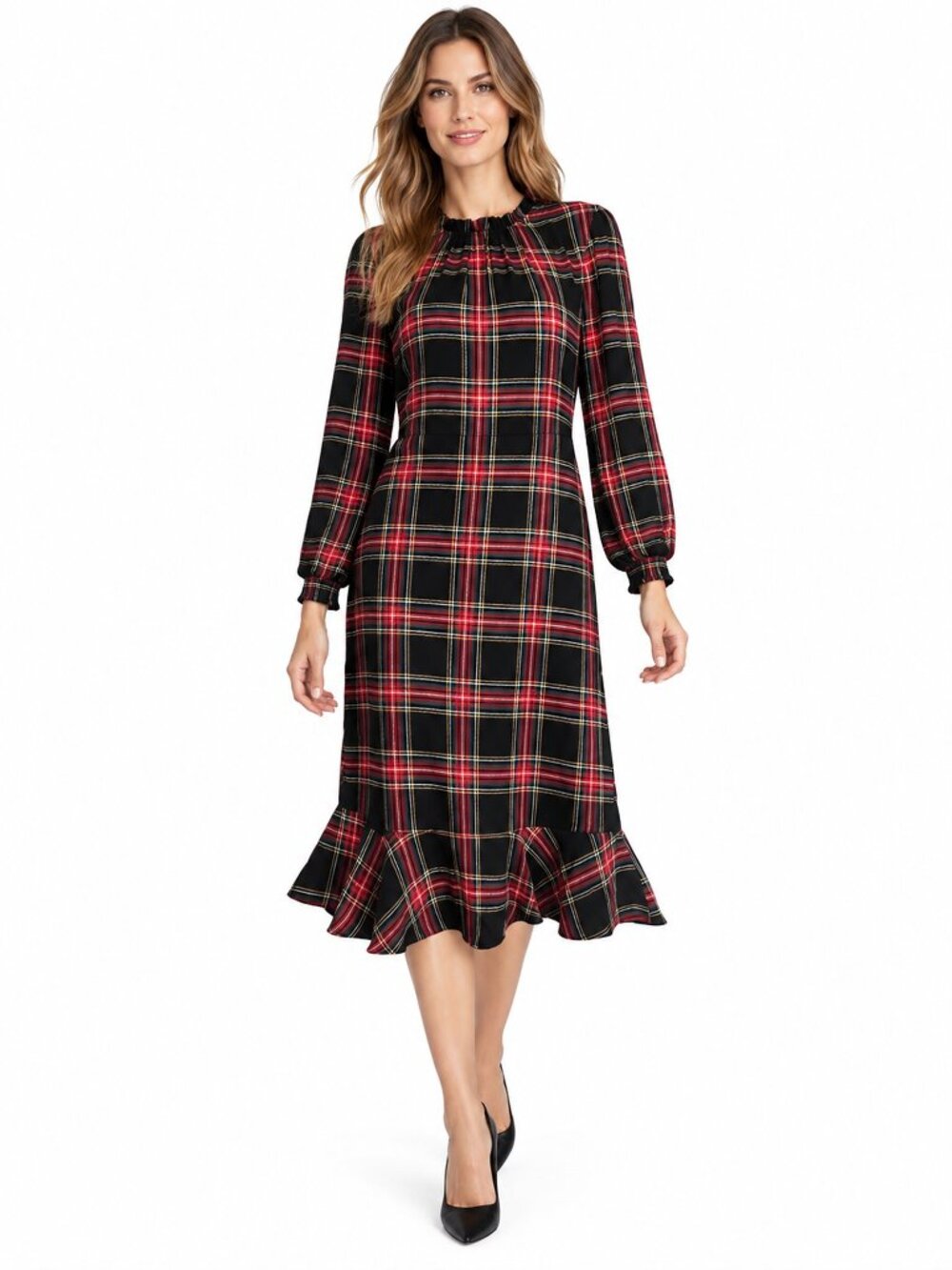 J. Crew Madras Plaid Tartan Peasant Dress Long Sleeve Ruffled Flounce Hemline